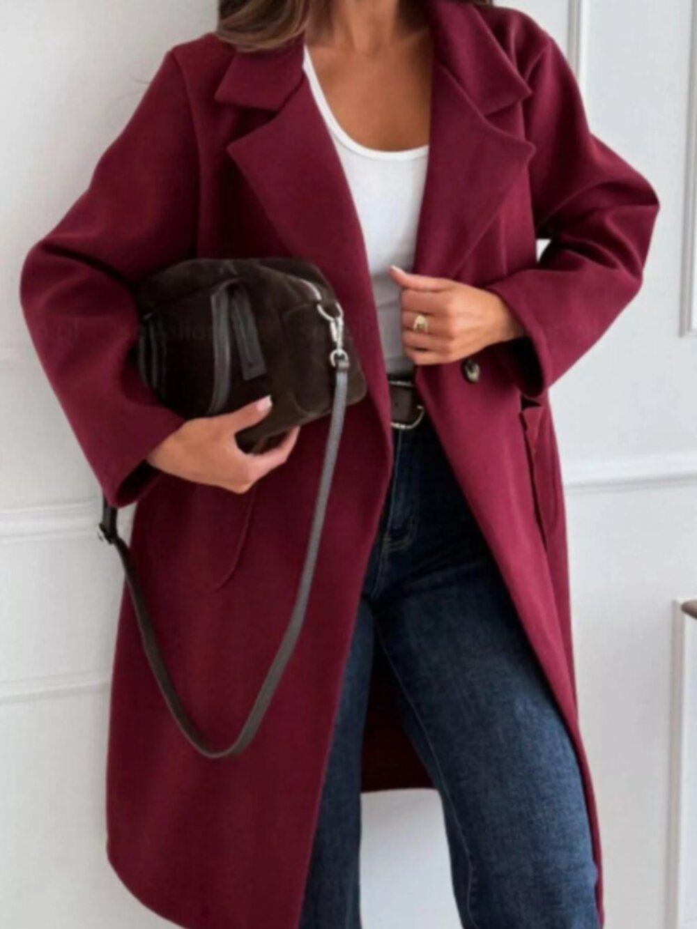2XL Burgundy Long-Sleeve Single-Breasted Trench Coat
